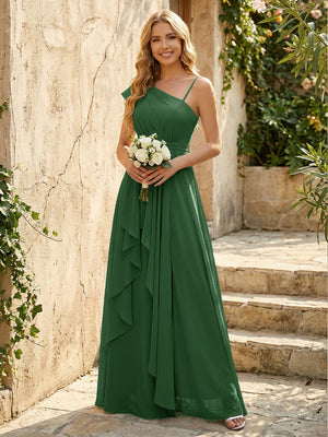 Lightweight Chiffon One Shoulder Ruched Waist Asymmetric Ruffles Maxi Bridesmaid Dresses with Slit