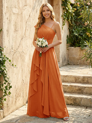Lightweight Chiffon One Shoulder Ruched Waist Asymmetric Ruffles Maxi Bridesmaid Dresses with Slit