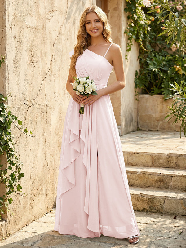 Lightweight Chiffon One Shoulder Ruched Waist Asymmetric Ruffles Maxi Bridesmaid Dresses with Slit