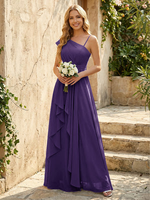 Lightweight Chiffon One Shoulder Ruched Waist Asymmetric Ruffles Maxi Bridesmaid Dresses with Slit