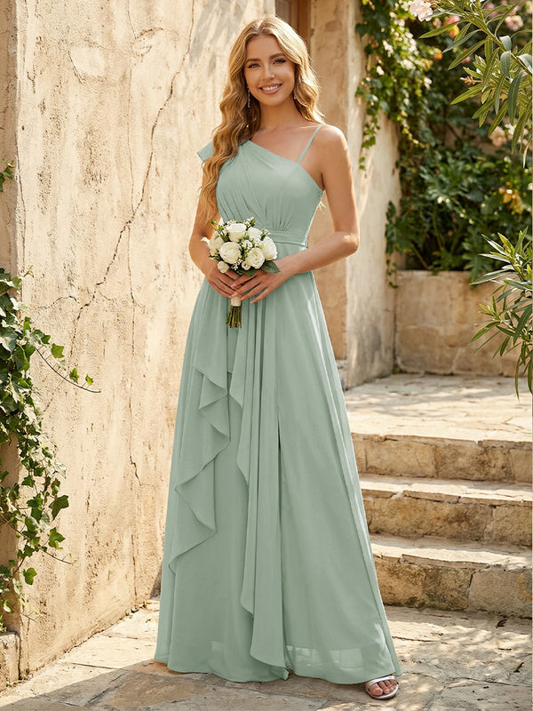 Lightweight Chiffon One Shoulder Ruched Waist Asymmetric Ruffles Maxi Bridesmaid Dresses with Slit