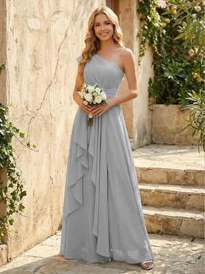 Lightweight Chiffon One Shoulder Ruched Waist Asymmetric Ruffles Maxi Bridesmaid Dresses with Slit