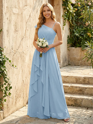 Lightweight Chiffon One Shoulder Ruched Waist Asymmetric Ruffles Maxi Bridesmaid Dresses with Slit