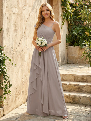 Lightweight Chiffon One Shoulder Ruched Waist Asymmetric Ruffles Maxi Bridesmaid Dresses with Slit