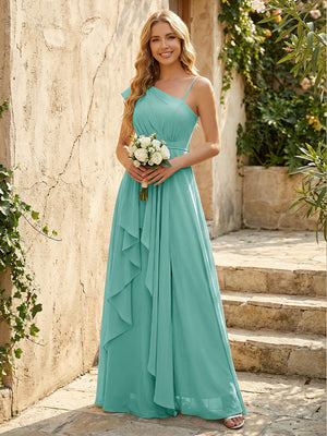Lightweight Chiffon One Shoulder Ruched Waist Asymmetric Ruffles Maxi Bridesmaid Dresses with Slit