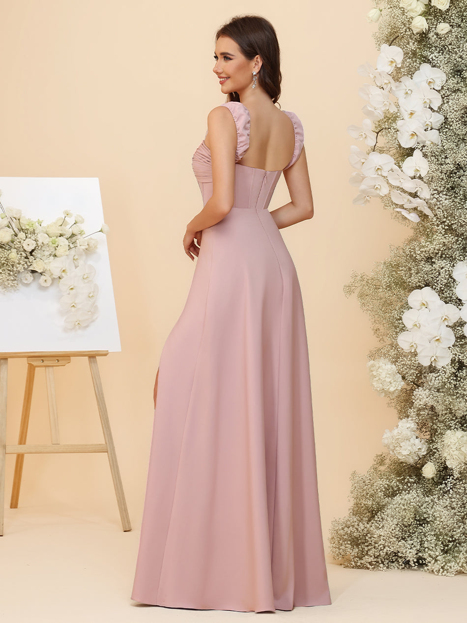 Lightweight Chiffon Sweetheart Corset Maxi Bridesmaid Dresses with Slit