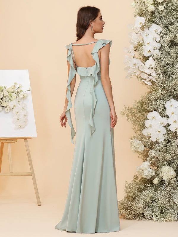 Satin Square Neck Ruched Waist Sheath Maxi Bridesmaid Dresses with Sashes