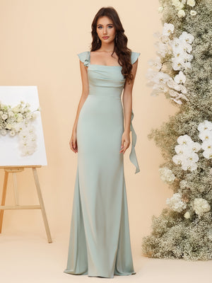 Satin Square Neck Ruched Waist Sheath Maxi Bridesmaid Dresses with Sashes