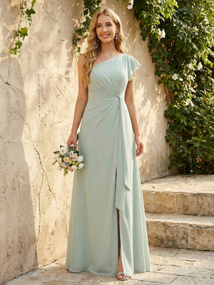 Chiffon One Shoulder Ruched Waist A-Line Maxi Bridesmaid Dresses with Slit