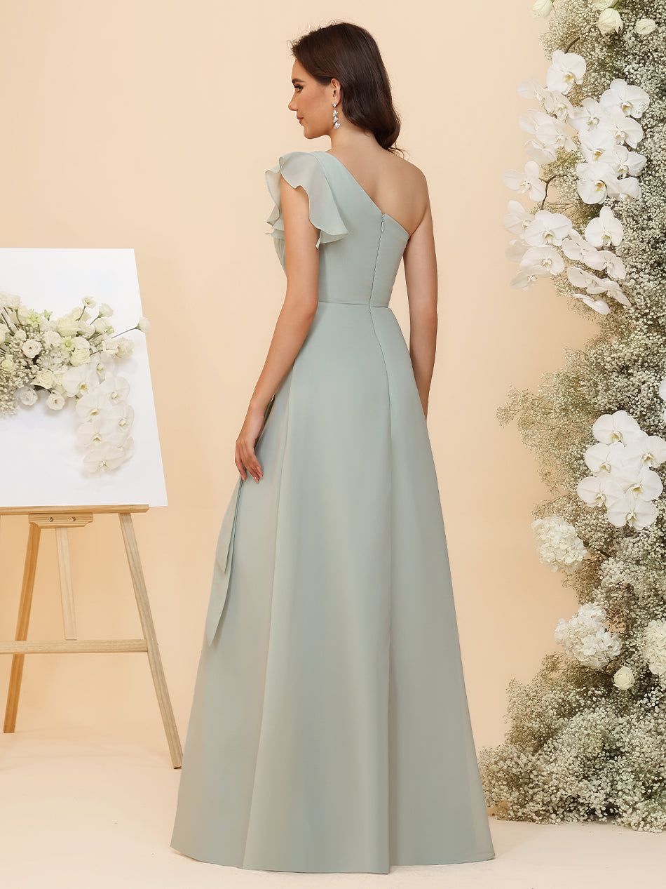 Chiffon One Shoulder Ruched Waist A-Line Maxi Bridesmaid Dresses with Slit