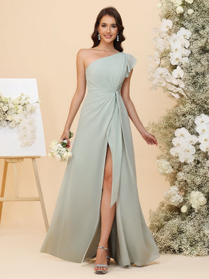 Chiffon One Shoulder Ruched Waist A-Line Maxi Bridesmaid Dresses with Slit
