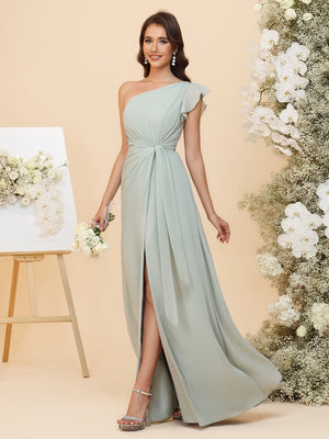 Chiffon One Shoulder Ruched Waist A-Line Maxi Bridesmaid Dresses with Slit