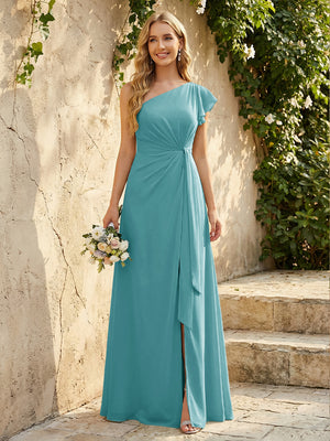 Chiffon One Shoulder Ruched Waist A-Line Maxi Bridesmaid Dresses with Slit
