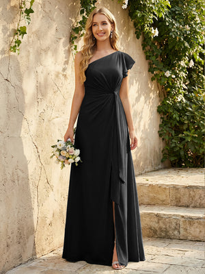 Chiffon One Shoulder Ruched Waist A-Line Maxi Bridesmaid Dresses with Slit