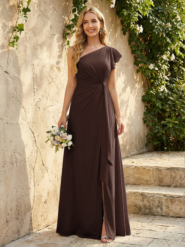 Chiffon One Shoulder Ruched Waist A-Line Maxi Bridesmaid Dresses with Slit