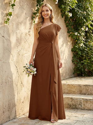 Chiffon One Shoulder Ruched Waist A-Line Maxi Bridesmaid Dresses with Slit