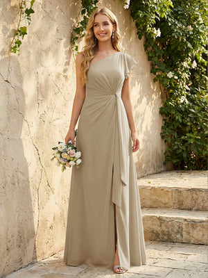 Chiffon One Shoulder Ruched Waist A-Line Maxi Bridesmaid Dresses with Slit