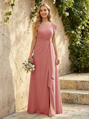 Chiffon One Shoulder Ruched Waist A-Line Maxi Bridesmaid Dresses with Slit