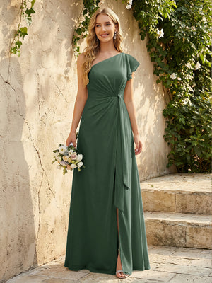 Chiffon One Shoulder Ruched Waist A-Line Maxi Bridesmaid Dresses with Slit