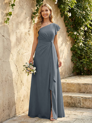 Chiffon One Shoulder Ruched Waist A-Line Maxi Bridesmaid Dresses with Slit