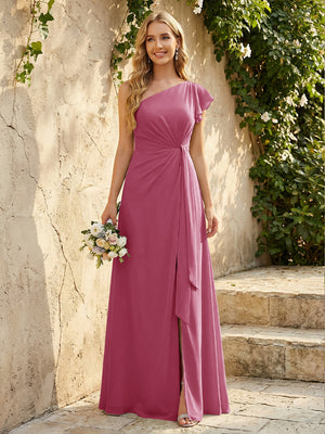 Chiffon One Shoulder Ruched Waist A-Line Maxi Bridesmaid Dresses with Slit