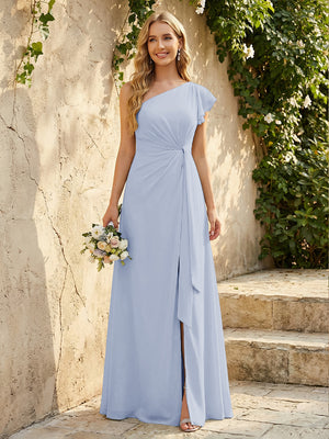 Chiffon One Shoulder Ruched Waist A-Line Maxi Bridesmaid Dresses with Slit