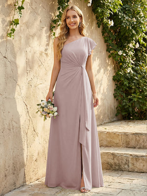 Chiffon One Shoulder Ruched Waist A-Line Maxi Bridesmaid Dresses with Slit