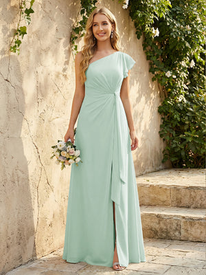 Chiffon One Shoulder Ruched Waist A-Line Maxi Bridesmaid Dresses with Slit
