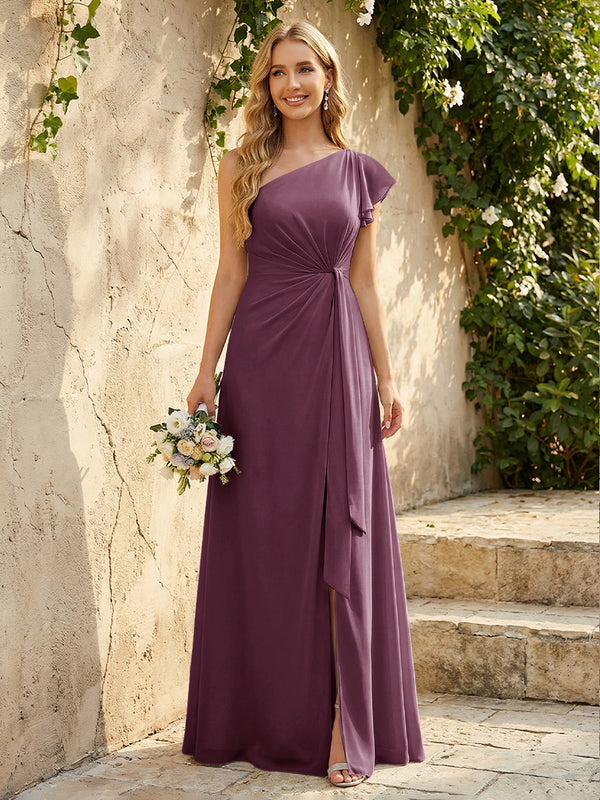 Chiffon One Shoulder Ruched Waist A-Line Maxi Bridesmaid Dresses with Slit