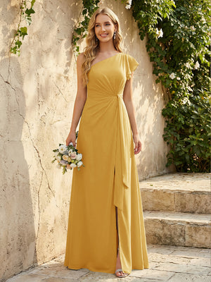 Chiffon One Shoulder Ruched Waist A-Line Maxi Bridesmaid Dresses with Slit