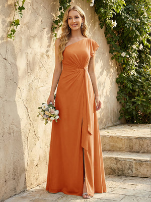 Chiffon One Shoulder Ruched Waist A-Line Maxi Bridesmaid Dresses with Slit