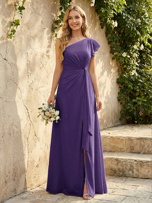 Chiffon One Shoulder Ruched Waist A-Line Maxi Bridesmaid Dresses with Slit
