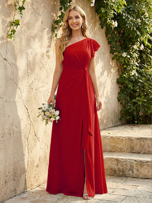 Chiffon One Shoulder Ruched Waist A-Line Maxi Bridesmaid Dresses with Slit