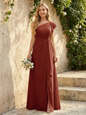Chiffon One Shoulder Ruched Waist A-Line Maxi Bridesmaid Dresses with Slit