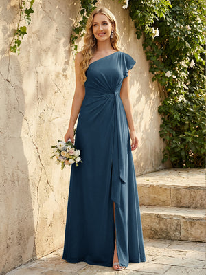 Chiffon One Shoulder Ruched Waist A-Line Maxi Bridesmaid Dresses with Slit