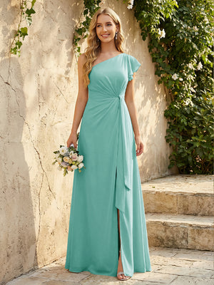 Chiffon One Shoulder Ruched Waist A-Line Maxi Bridesmaid Dresses with Slit