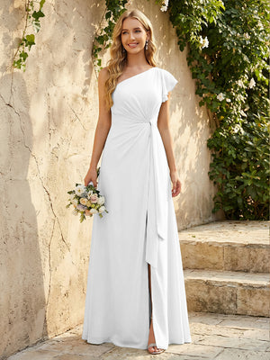 Chiffon One Shoulder Ruched Waist A-Line Maxi Bridesmaid Dresses with Slit