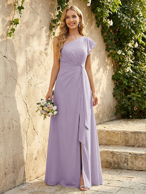 Chiffon One Shoulder Ruched Waist A-Line Maxi Bridesmaid Dresses with Slit