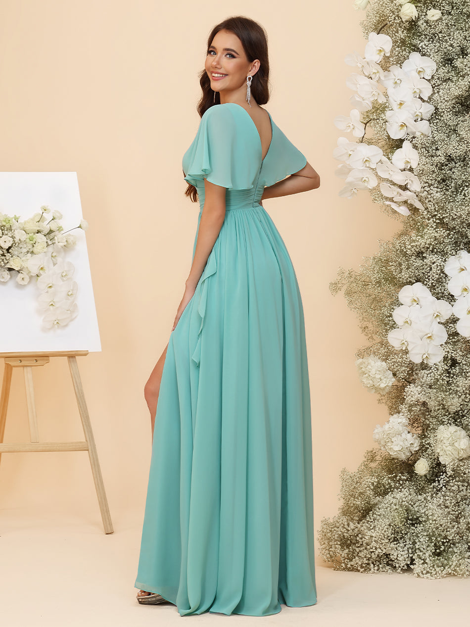 Chiffon Ruched Waist Flutter Short Sleeves A-Line Pleated Ruffles Maxi Bridesmaid Dresses with Slit