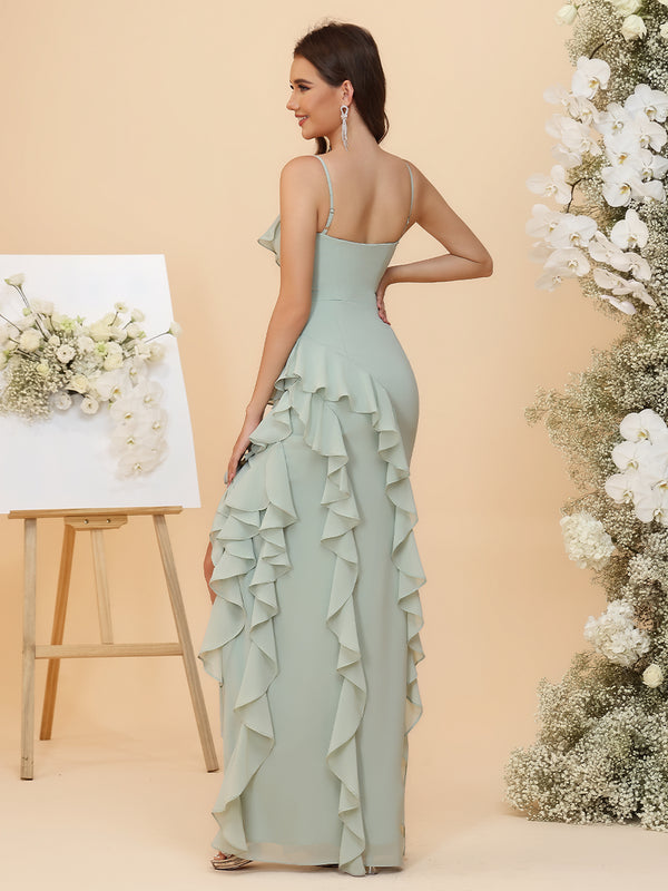 Elegant Chiffon Spaghetti Straps Asymmetric Ruffles Maxi Bridesmaid Dresses with Slit