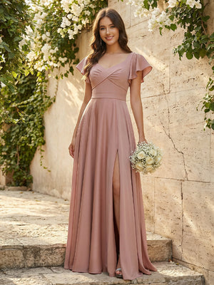 Elegant Chiffon Flutter Short Sleeves Ruched Maxi Bridesmaid Dresses with Slit