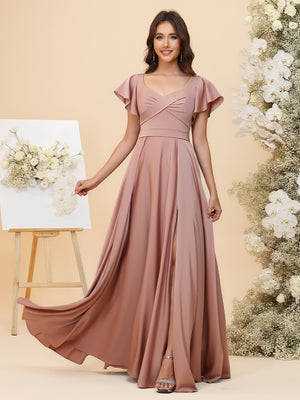 Elegant Chiffon Flutter Short Sleeves Ruched Maxi Bridesmaid Dresses with Slit