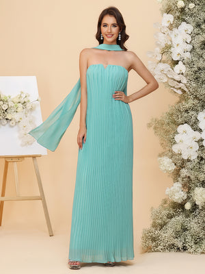 Lightweight Chiffon Strapless Pleated Maxi Bridesmaid Dresses with Scarf