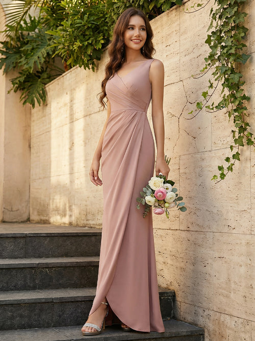 Elegant Satin V-Neck Ruched Waist Maxi Bridesmaid Dresses with Bow