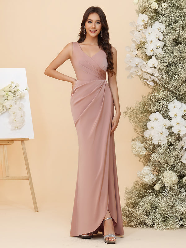 Elegant Satin V-Neck Ruched Waist Maxi Bridesmaid Dresses with Bow
