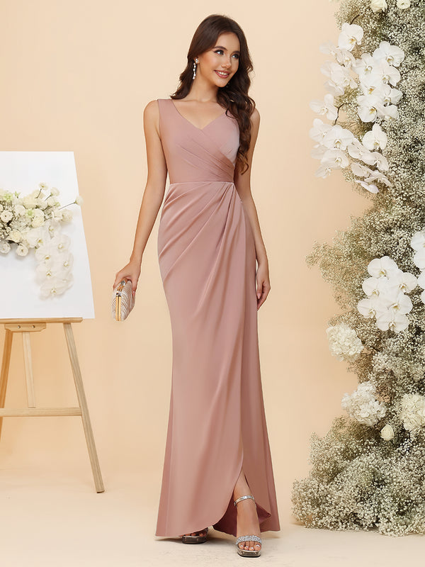 Elegant Satin V-Neck Ruched Waist Maxi Bridesmaid Dresses with Bow