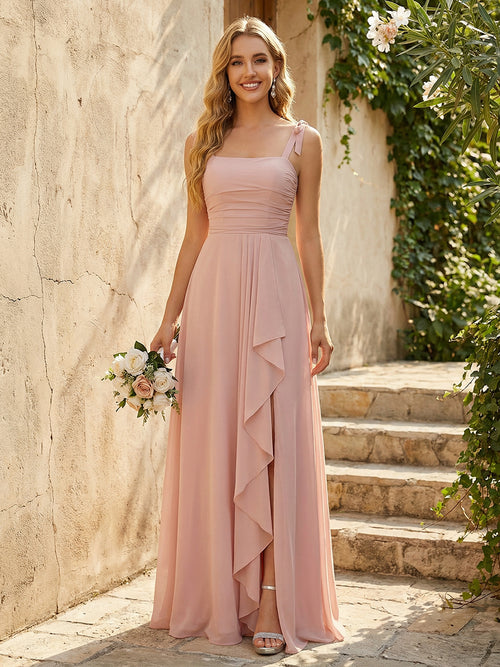 Lightweight Chiffon Square Neck Ruched Waist Ruffled Maxi Bridesmaid Dresses with Slit