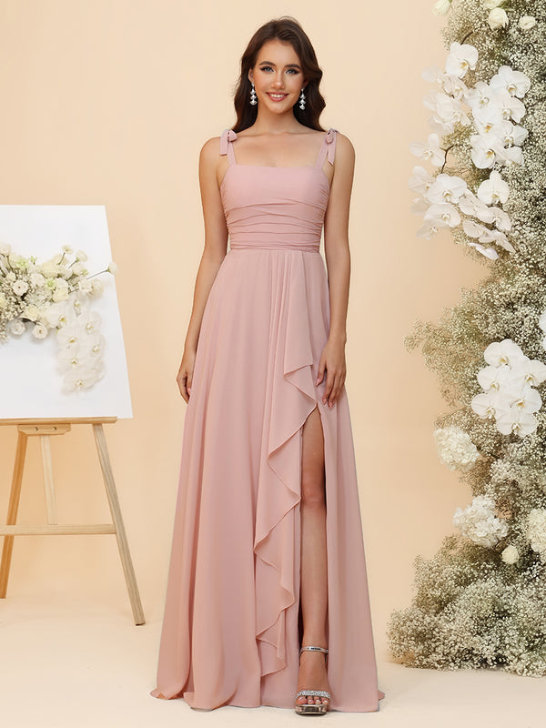 Lightweight Chiffon Square Neck Ruched Waist Ruffled Maxi Bridesmaid Dresses with Slit