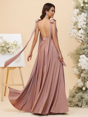 Satin Square Neck Ruched Waist Maxi Bridesmaid Dresses with Bow Shoulder Straps