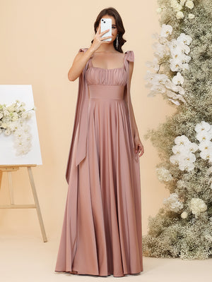 Satin Square Neck Ruched Waist Maxi Bridesmaid Dresses with Bow Shoulder Straps